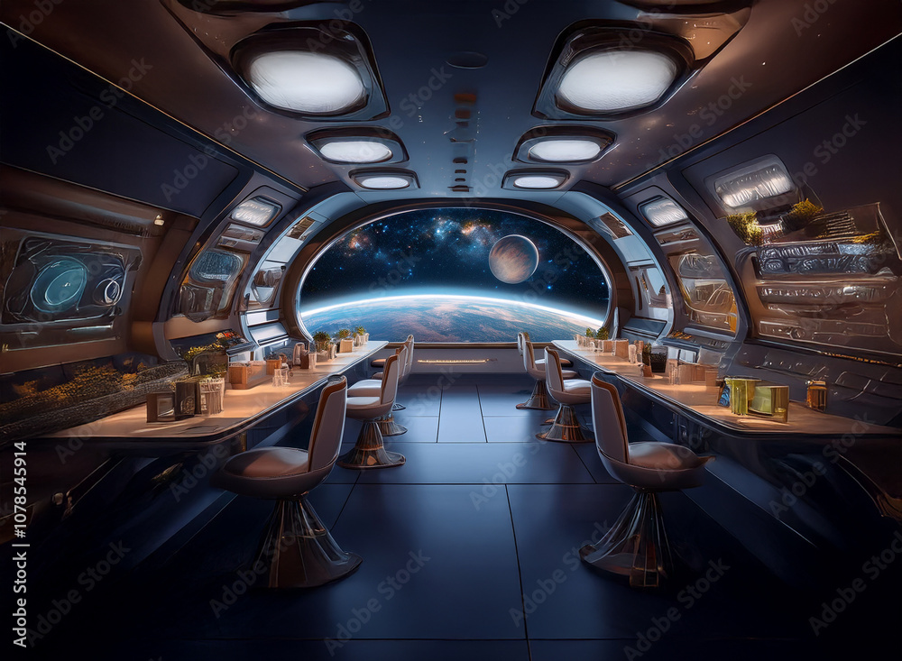 Poster a futuristic spaceship interior with a large viewport overlooking earth and another planet in the di