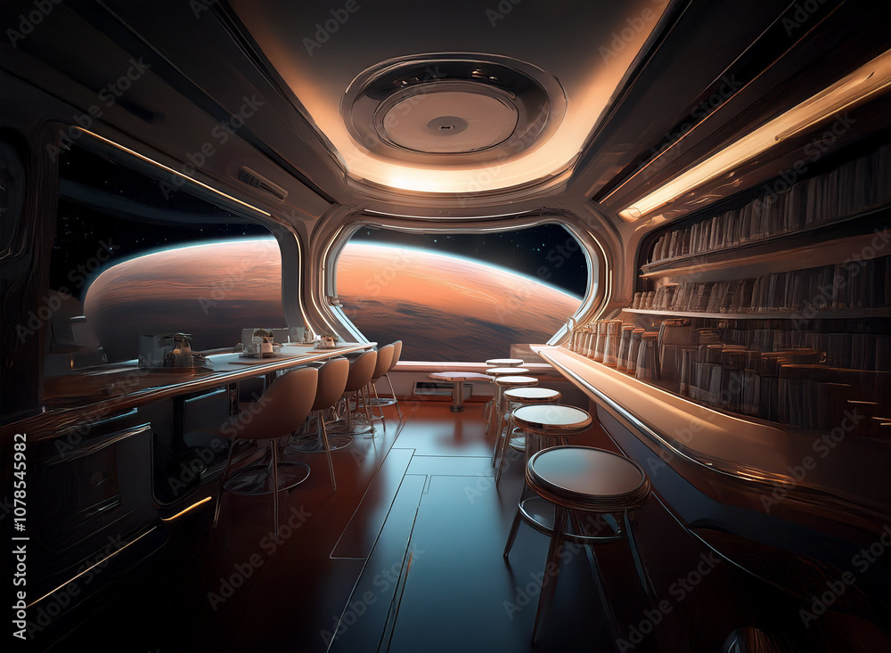 Poster A futuristic bar with a large window overlooking a planet with a red sky.