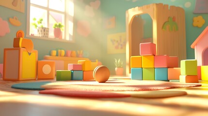 Bright and Cheerful Playroom Filled with Colorful Blocks and Toys in Soft Morning Light, Perfect for Capturing the Joy of Childhood and Playful Imagination