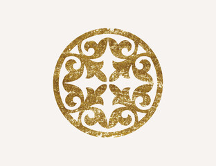 Kazakh national ornament with gold texture. Vector modern element isolated on white background. Central Asia floral abstract element of the national pattern.