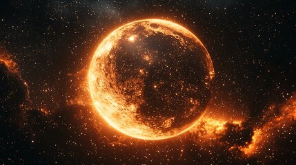 Obraz premium Majestic Glowing Planet Surrounded by Stars and Cosmic Clouds in a Stunning Space Scene with Bright Orange and Yellow Hues, Evoking a Sense of Wonder and Exploration