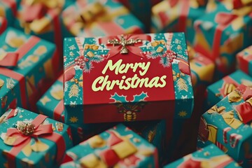Vibrant arrangement of wrapped Christmas presents in red and green patterns with festive ribbons topped by a glowing Merry Christmas message in a cheerful holiday scene