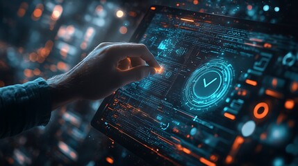 Businessman holding a virtual check mark and shield, Security system technology check mark background