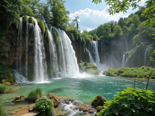 Fototapeta premium Majestic Waterfall Splendor - Captivating Slow Motion Video of Cascading Waterfall with Crystal Clear Water, Vibrant Surroundings, and the Tranquil Sound of Nature’s Power