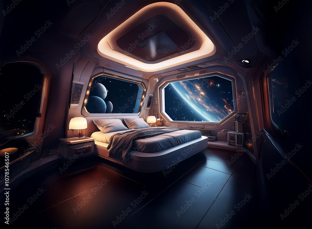 Poster a futuristic bedroom with a large window overlooking a vast expanse of space, featuring planets and 