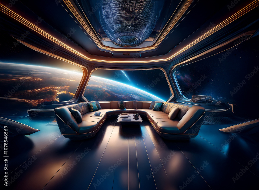Poster A futuristic spaceship interior with large windows overlooking a planet and the vastness of space.