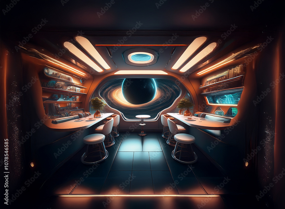 Poster A futuristic bar with a large window looking out into space.  The view shows a planet with rings and a bright blue sky.