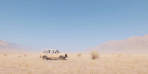 A classic vehicle in a vast desert landscape under a clear blue sky.