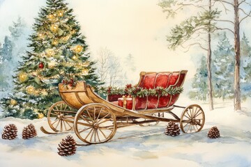 A vintage sleigh decorated with holiday garlands sits beside a Christmas tree adorned with lights in a snowy forest setting.
