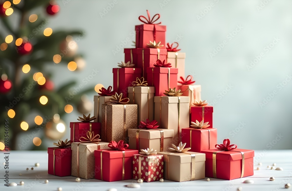 Wall mural Designer, unusual creative Christmas tree. Many multi-colored gift boxes with ribbon. They stand on top of each other in the shape of a pyramid. Festive blurred background