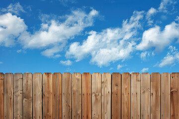 a wooden wall and a blue sky with clouds in the background