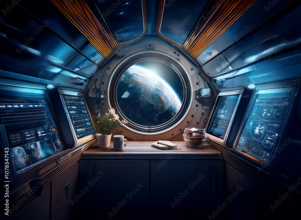 Poster A spaceship interior with a large window overlooking a blue planet. A small plant and a mug sit on a table in front of the window.