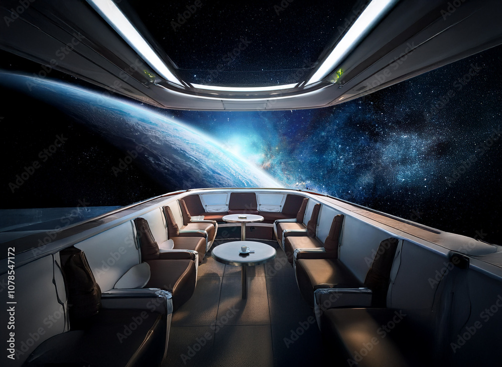 Poster a futuristic spaceship lounge with a large panoramic window overlooking a view of earth, stars, and 