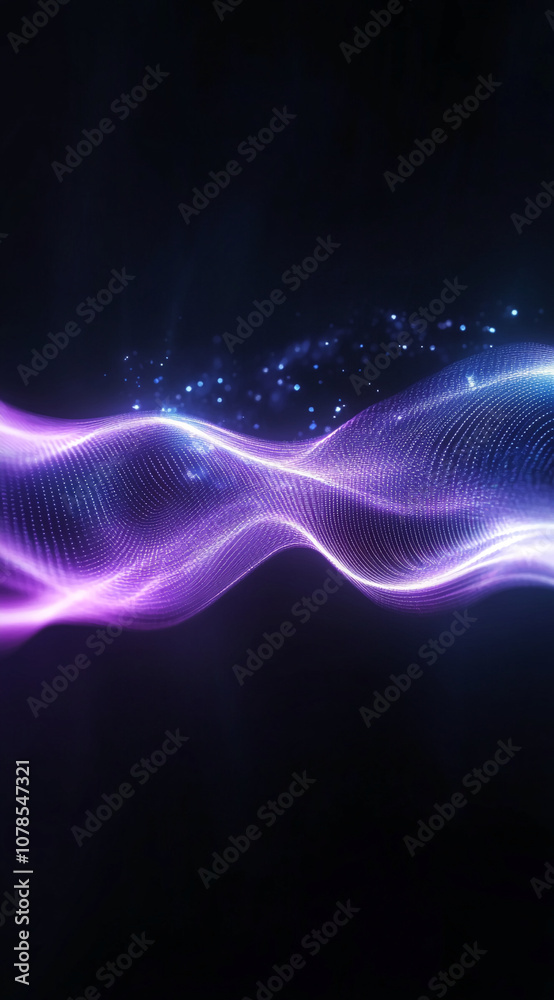 Poster a purple and blue wave of light sparkles in the dark, creating a vibrant and abstract digital design