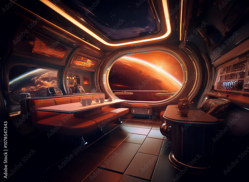 Poster a futuristic spaceship interior with a large window showing a view of a red planet. the room has a d