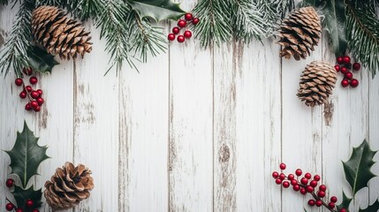 Rustic white wooden background featuring Christmas greenery, pine cones, red berries, and holly leaves, arranged on the left side of the frame.