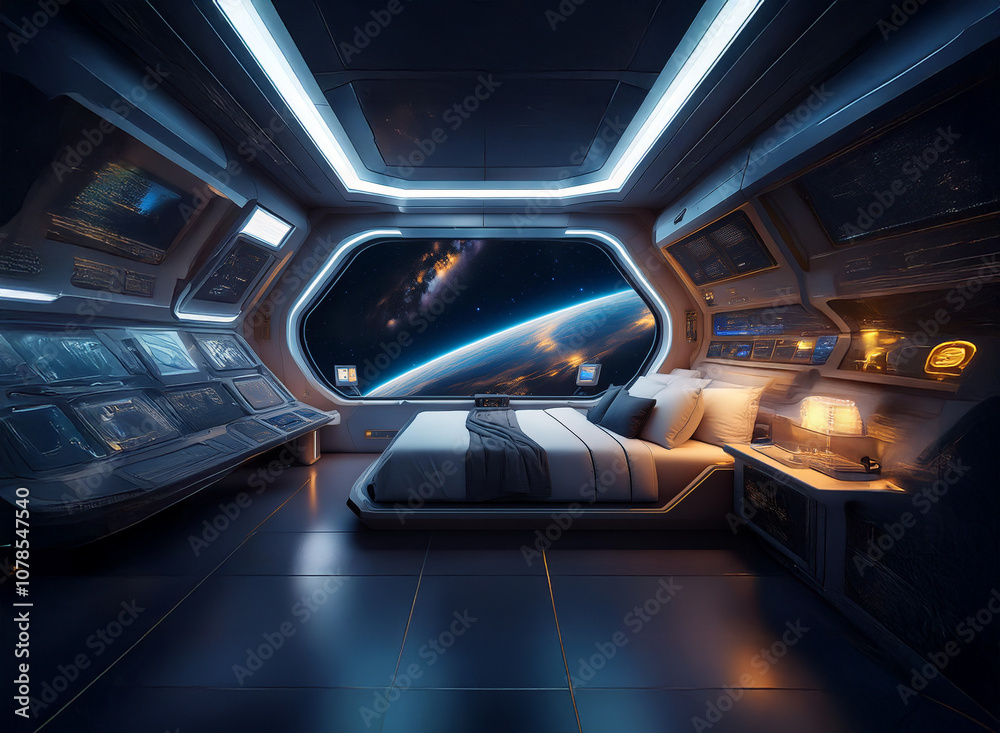 Poster a futuristic bedroom with a large window overlooking a view of earth from space.