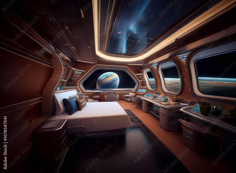 Poster A futuristic bedroom with a view of a planet through a large window and a control panel in the corner.