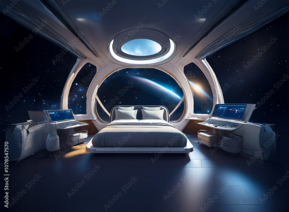 Poster a futuristic bedroom with a large window overlooking a distant planet and starry sky.