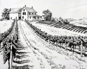 Farmhouse and vineyard, depicting the rolling hills of rural landscape. Ink drawing