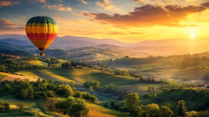 A colorful hot air balloon floats over rolling hills and a small village at sunset.