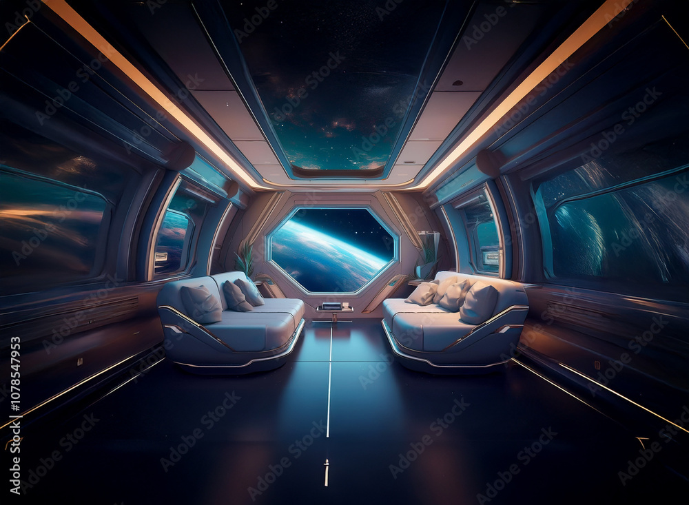 Poster a futuristic spaceship interior with large windows looking out at a distant planet and a starry sky.