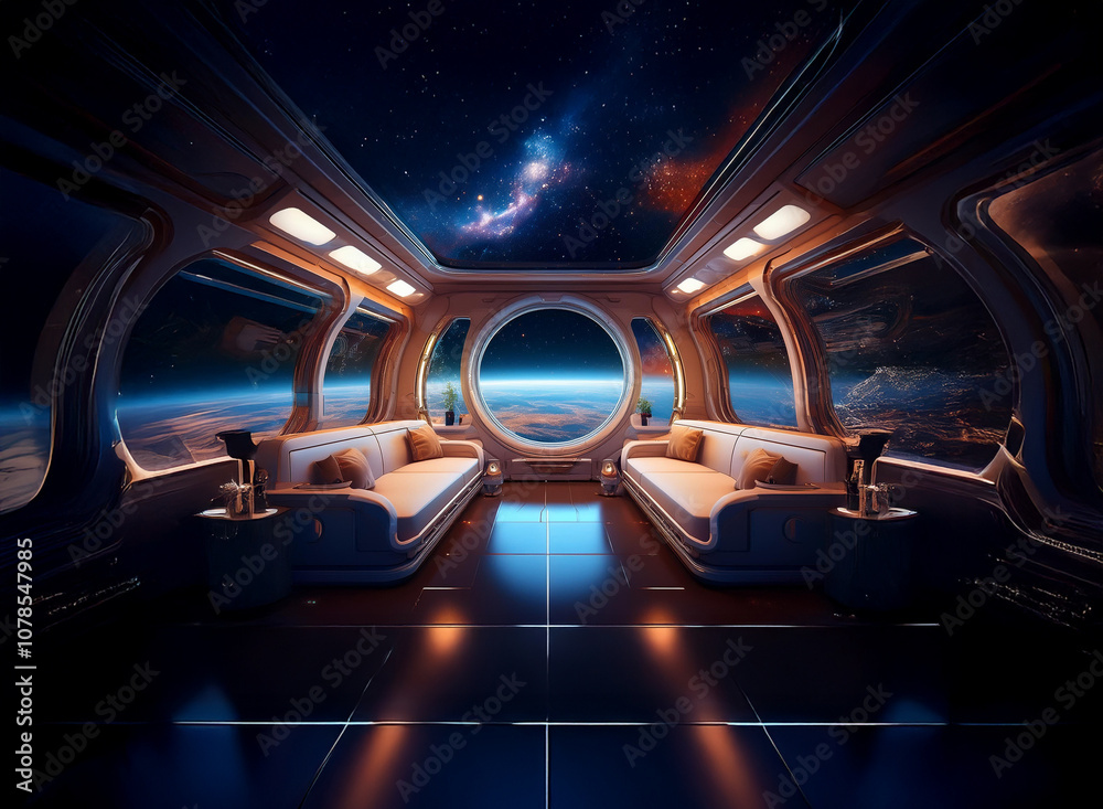 Poster a futuristic spaceship interior with large windows showcasing a view of earth and a starry sky.