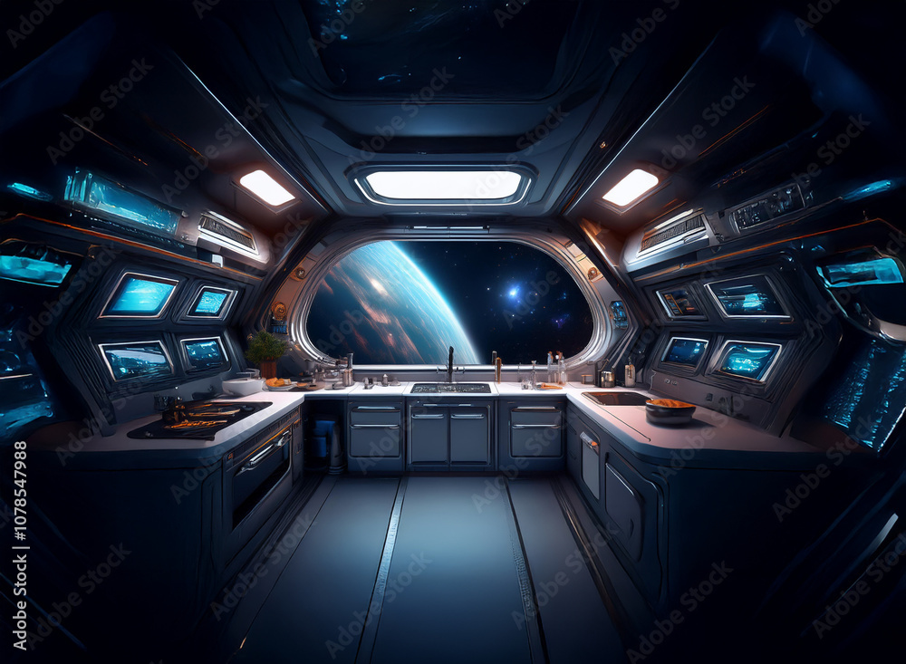 Poster A spaceship kitchen with a view of a distant planet and stars through a large window.