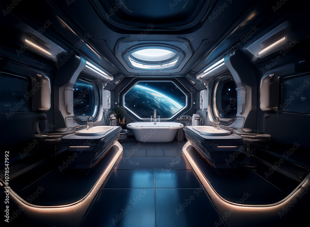Aufkleber a futuristic bathroom with a large window overlooking earth. the room is designed in a minimalist st