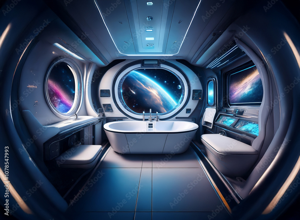 Poster a futuristic bathroom with a large window overlooking earth and space.