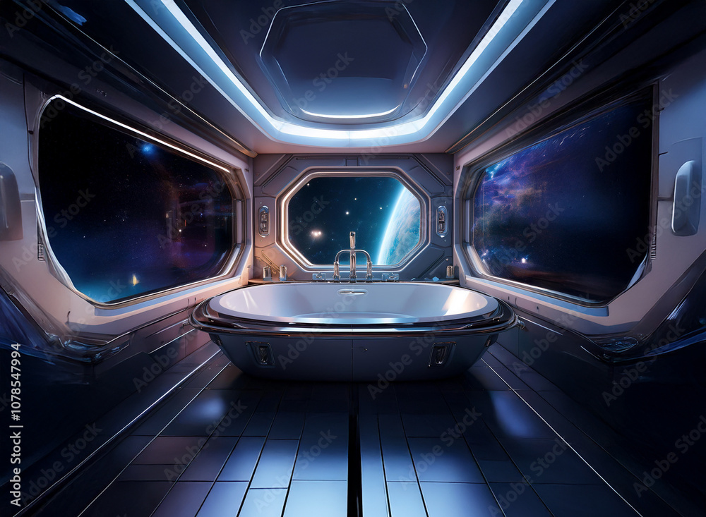 Poster a futuristic bathroom with a large bathtub and three large windows overlooking a starry nebula and a