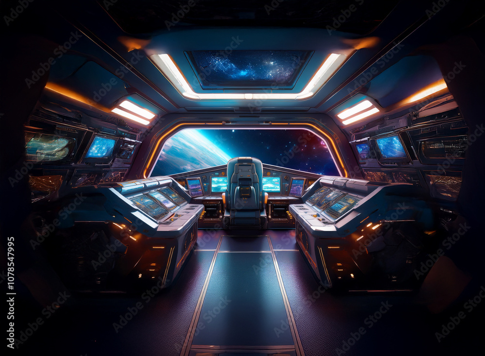 Aufkleber the cockpit of a futuristic spaceship, showcasing a panoramic view of a planet through a large windo