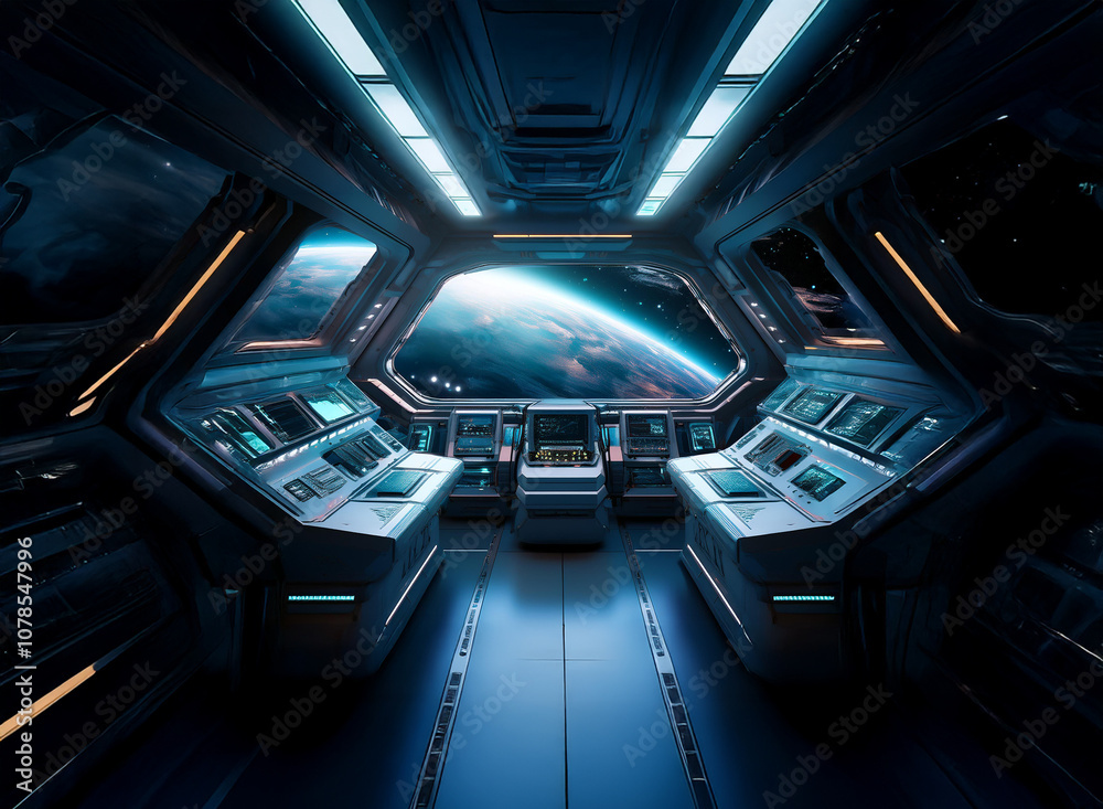 Poster the interior of a spaceship with a large window revealing a blue and green planet in the distance.