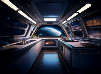 A futuristic kitchen with a view of Earth from a spaceship window.