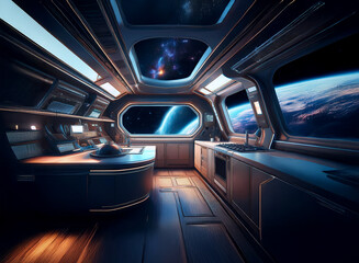The interior of a futuristic spaceship with a kitchen, a work station, and large windows overlooking a planet and a starry night sky.