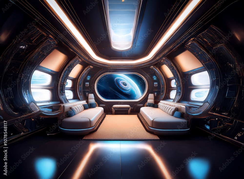 Poster a futuristic spaceship interior with a large window looking out onto a swirling nebula and a group o