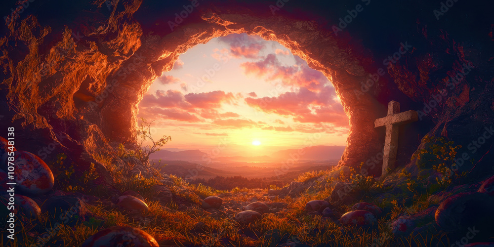 Canvas Prints a cross is in a cave with a sunset in the background