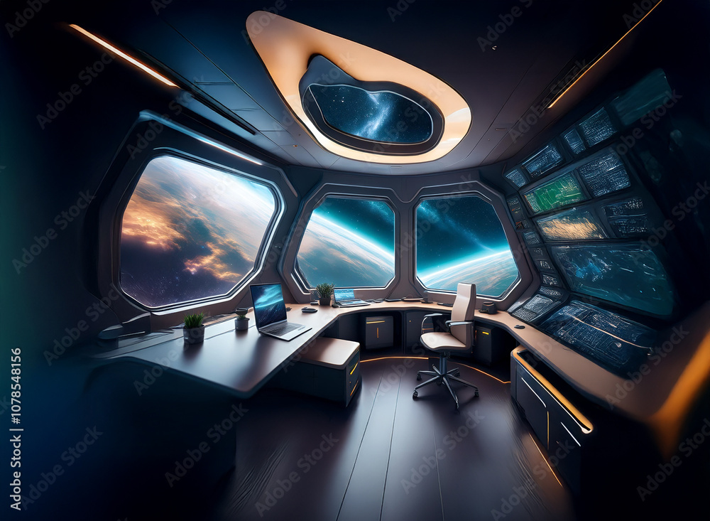 Poster a futuristic spaceship interior with large windows overlooking a planet, featuring a desk and a chai