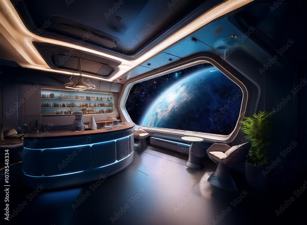 Poster a futuristic bar with an expansive window overlooking the earth, suspended in space. the room is ill