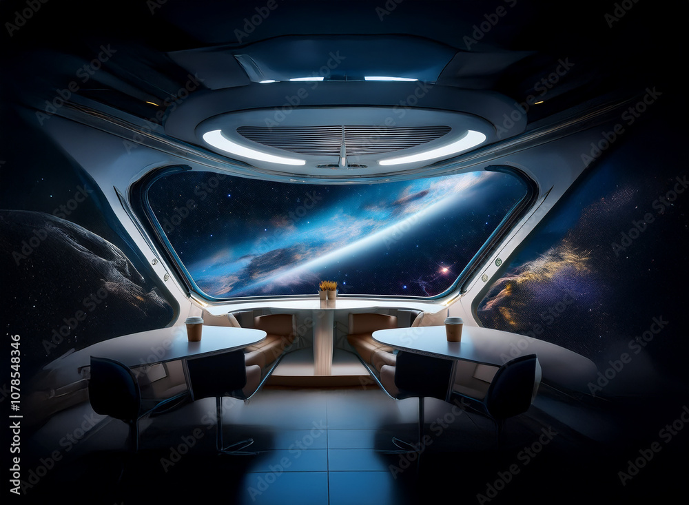 Poster A futuristic spaceship dining area with large windows overlooking a breathtaking view of Earth and the vastness of space.