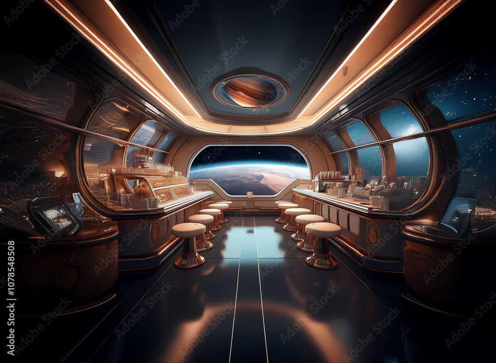 Poster a futuristic bar with large windows overlooking the earth and a ringed planet in the distance.
