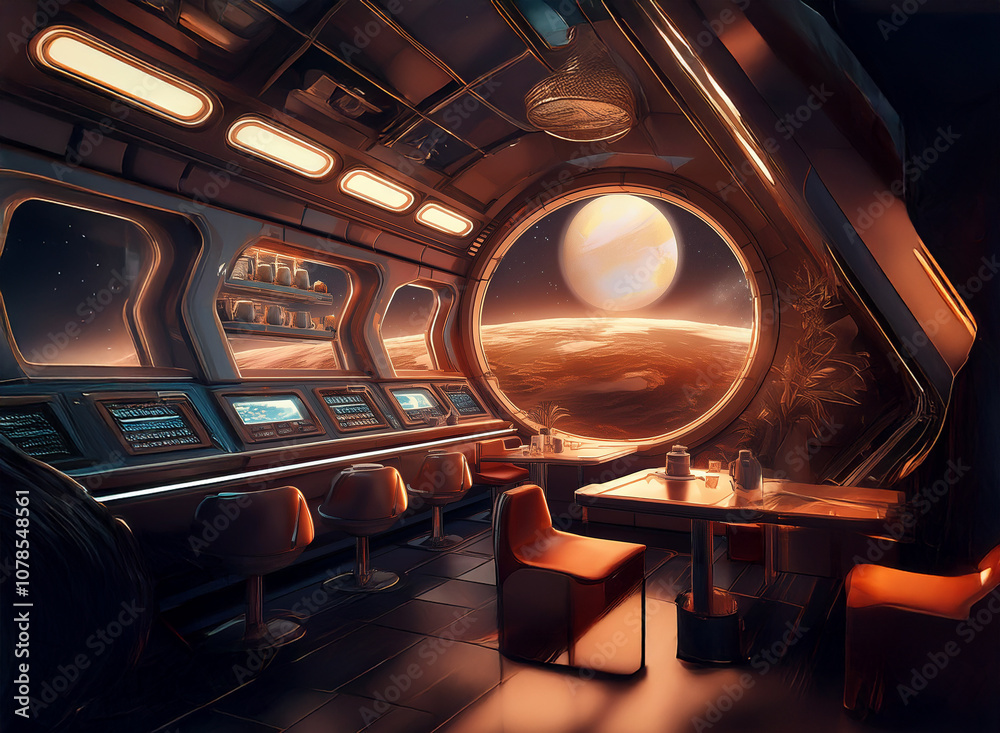 Poster A futuristic spaceship interior with large viewing window showing a distant planet.