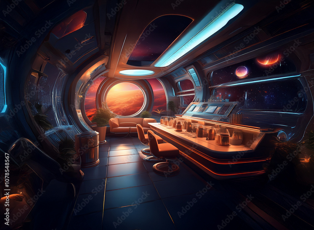 Poster The interior of a futuristic spaceship with a large window overlooking a breathtaking view of a distant planet and the vast expanse of space.