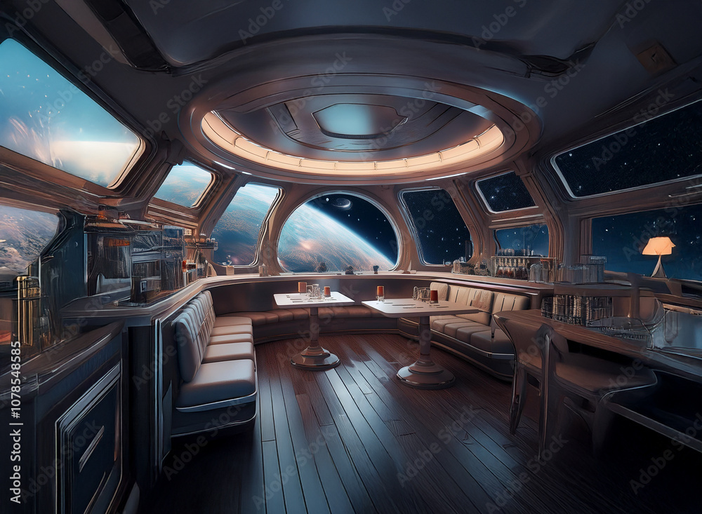 Poster a futuristic spaceship lounge with large windows overlooking a blue and orange planet in a starry sp