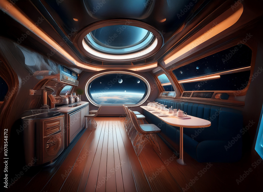 Poster a futuristic spaceship dining room with a view of earth and several moons, featuring a kitchen area 