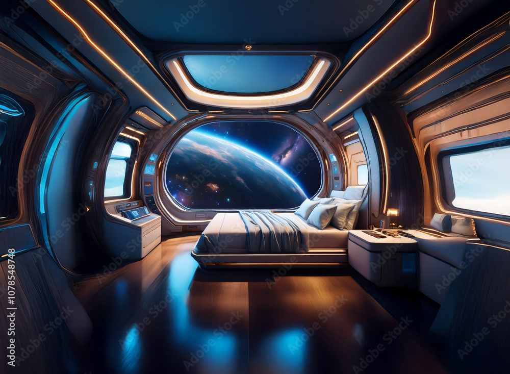 Poster a futuristic bedroom with a large window overlooking a view of earth from space.