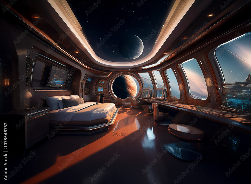 Poster futuristic bedroom with large windows showcasing a view of a planet and its moon against a starry sk
