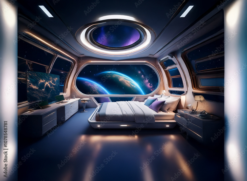 Aufkleber a futuristic bedroom with a large window looking out into space, showcasing a view of multiple plane
