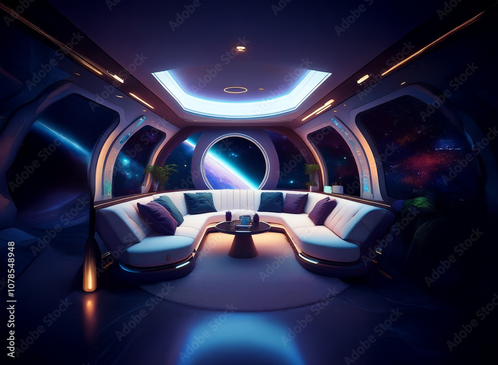 Poster the interior of a futuristic spaceship with a large window overlooking a view of the earth and stars