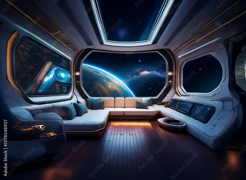 Poster A futuristic spaceship lounge with large windows overlooking a distant planet,  a comfortable couch and wooden floors.
